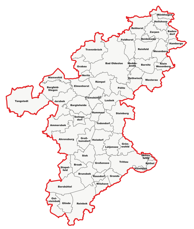  Gemini hat gesagt Hier ist die Beschreibung für das letzte Bild (die Landkarte):  Detaillierte Karte des Landkreises Stormarn mit markierten Gemeindegrenzen und Ortsnamen, rot umrandet auf hellem Hintergrund